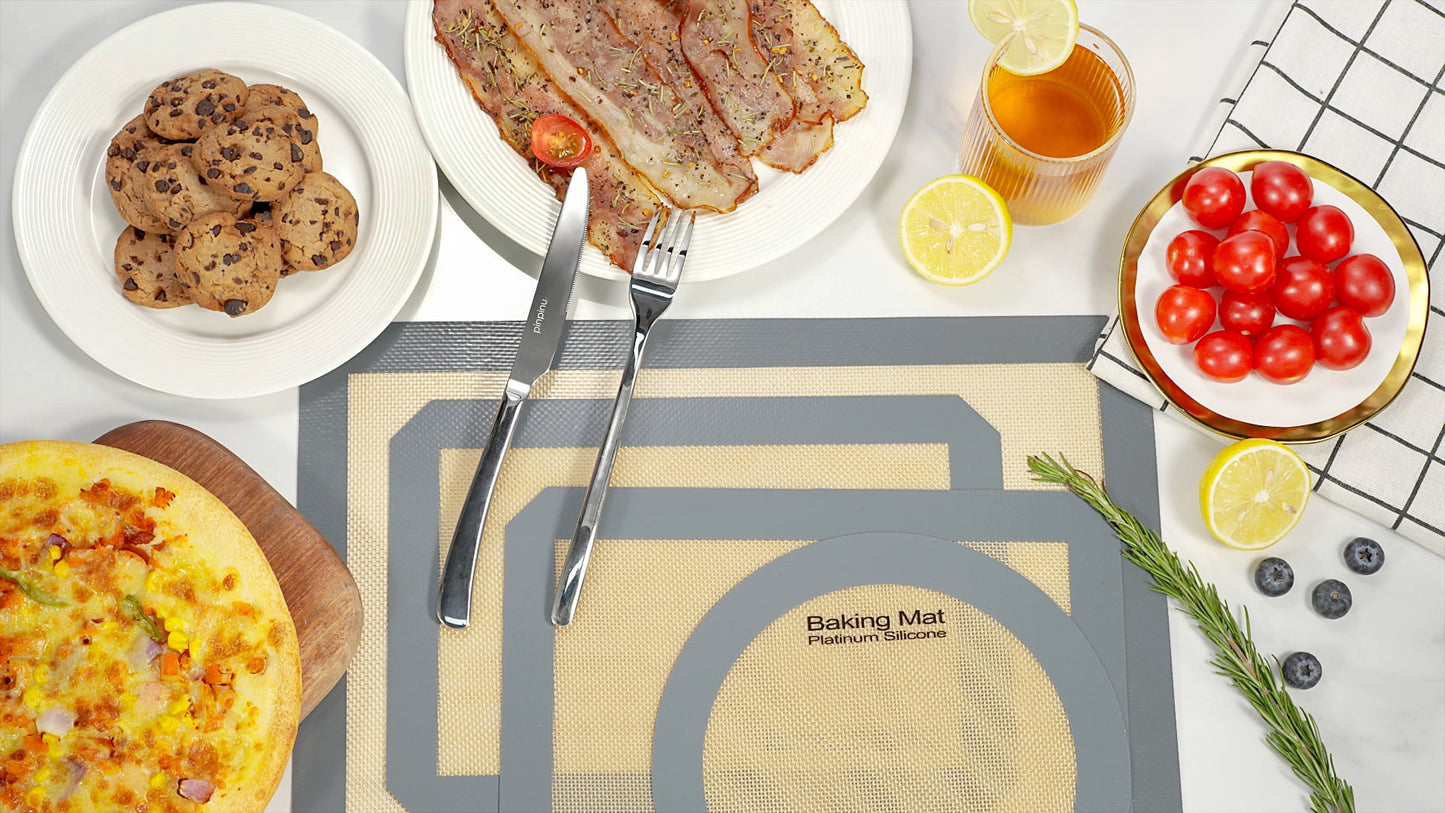 Transform Your Baking Experience with 5PCS Non-Stick Platinum Silicone Baking Mats - Perfect for Half Sheet, Quarter Sheet & 9'' Pizza Pan!