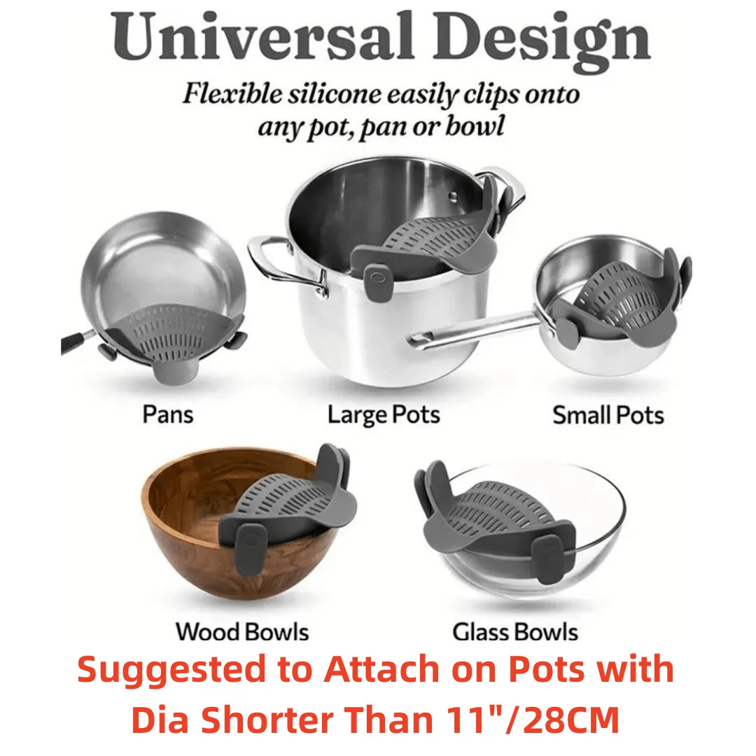 Elevate Your Kitchen Game with the Adjustable Clip-On Pot Strainer – Effortless Straining for Every Cook!