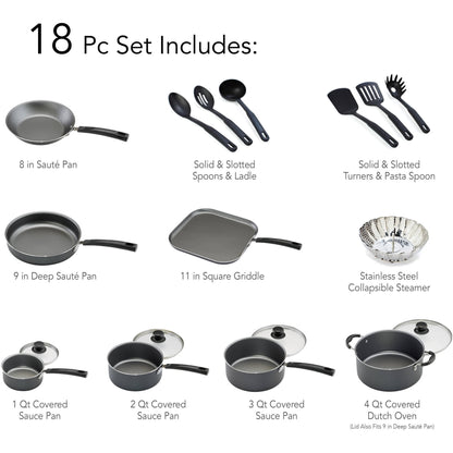 Upgrade Your Cooking Game with the Primaware 18 Piece Non-Stick Cookware Set in Stylish Steel Gray