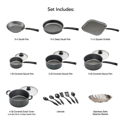 Upgrade Your Cooking Game with the Primaware 18 Piece Non-Stick Cookware Set in Stylish Steel Gray