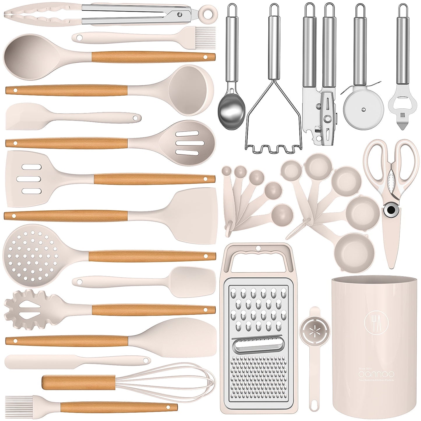 Ultimate 35-Piece Silicone Cooking Utensil Set - 446°F Heat Resistant Kitchen Tools with Wooden Handles, BPA-Free for Non-Stick Cookware (Khaki)
