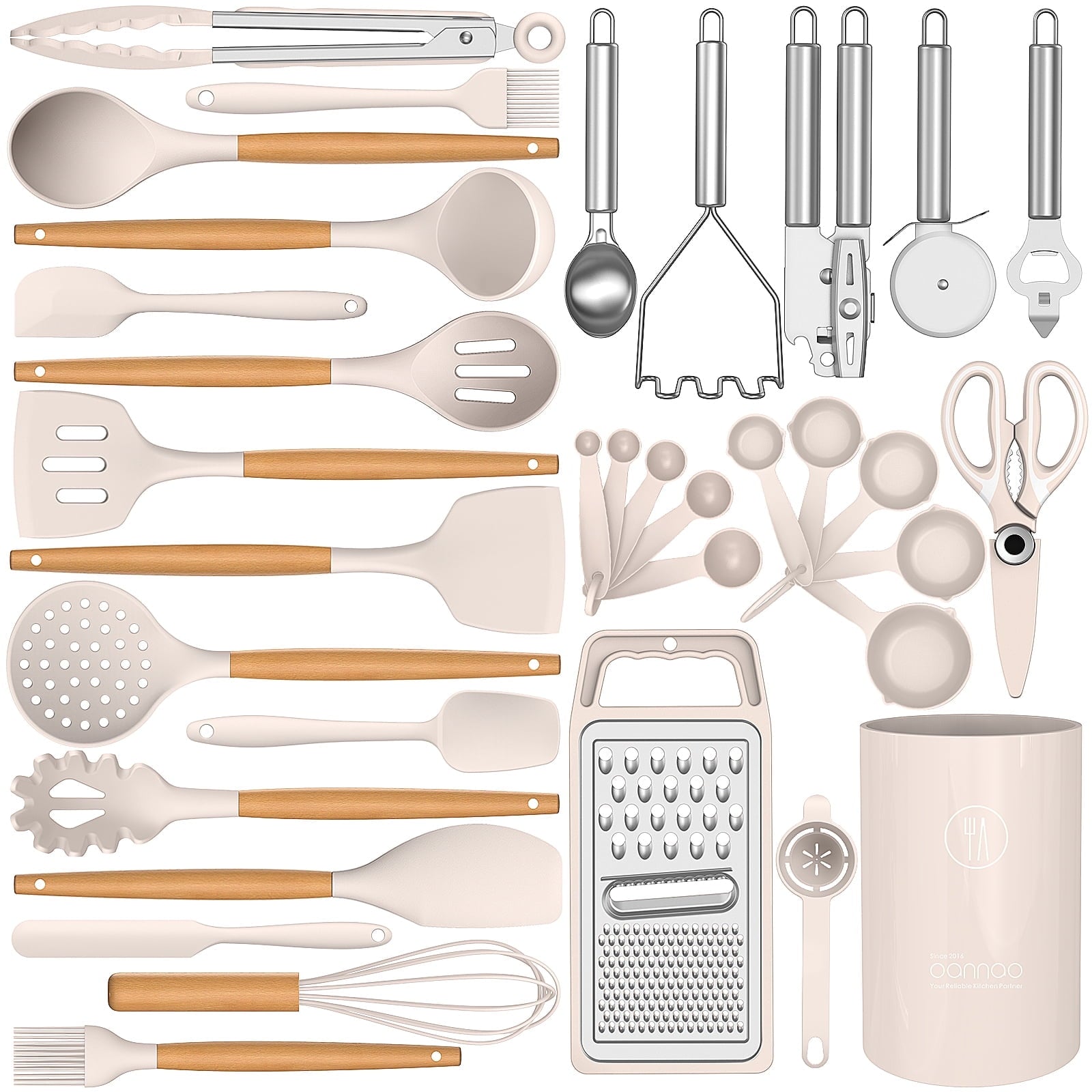 Ultimate 35-Piece Silicone Cooking Utensil Set - 446°F Heat Resistant Kitchen Tools with Wooden Handles, BPA-Free for Non-Stick Cookware (Khaki)