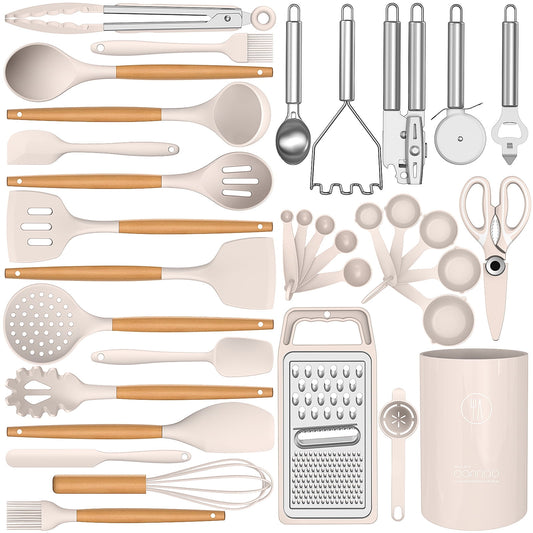 Ultimate 35-Piece Silicone Cooking Utensil Set - 446°F Heat Resistant Kitchen Tools with Wooden Handles, BPA-Free for Non-Stick Cookware (Khaki)