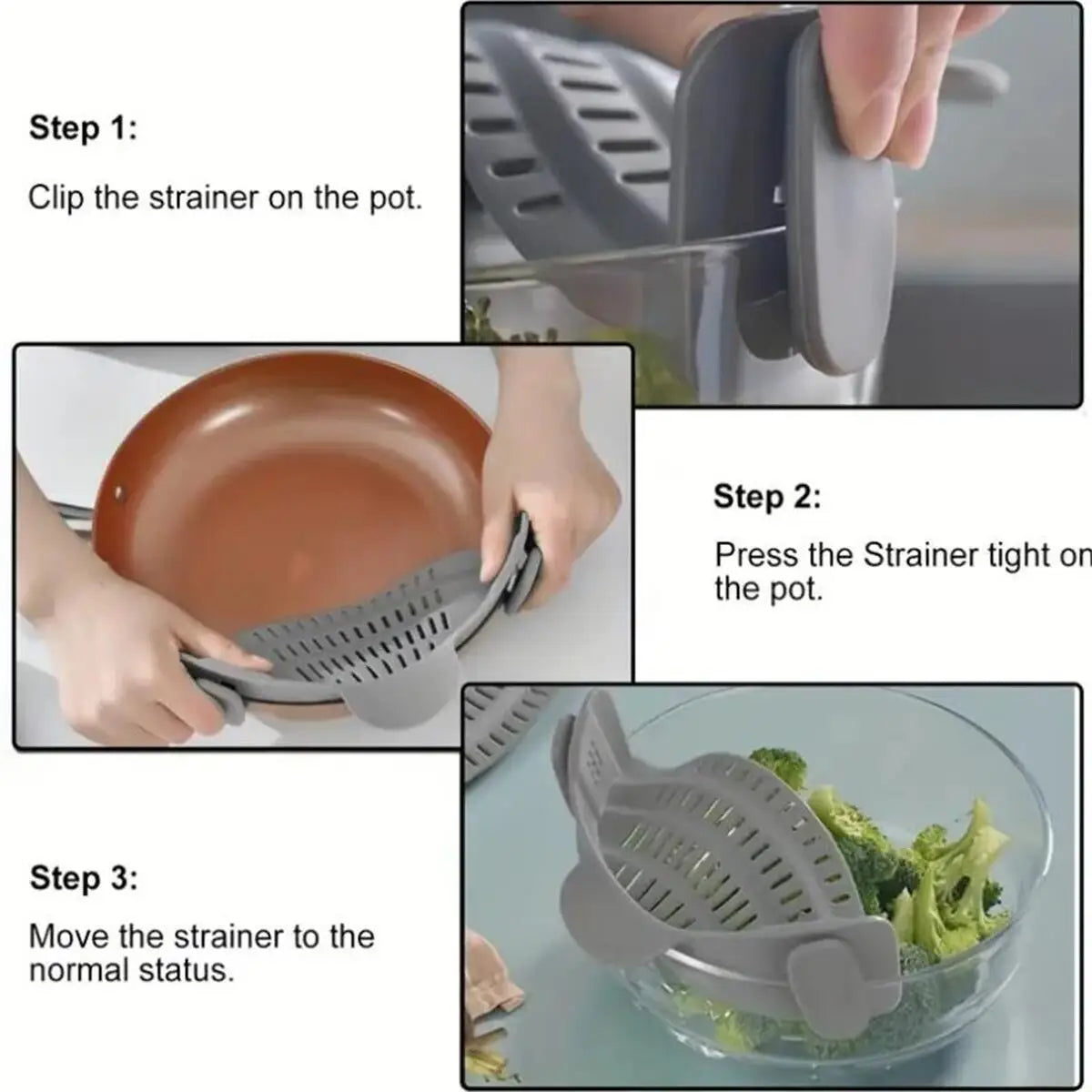 Elevate Your Kitchen Game with the Adjustable Clip-On Pot Strainer – Effortless Straining for Every Cook!