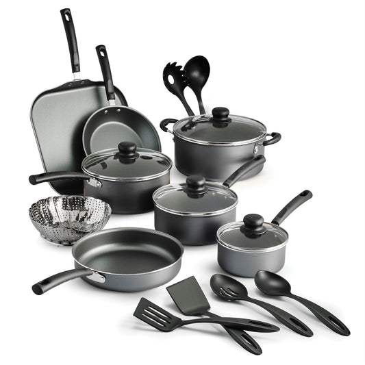 Upgrade Your Cooking Game with the Primaware 18 Piece Non-Stick Cookware Set in Stylish Steel Gray