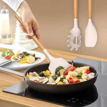 Ultimate 35-Piece Silicone Cooking Utensil Set - 446°F Heat Resistant Kitchen Tools with Wooden Handles, BPA-Free for Non-Stick Cookware (Khaki)