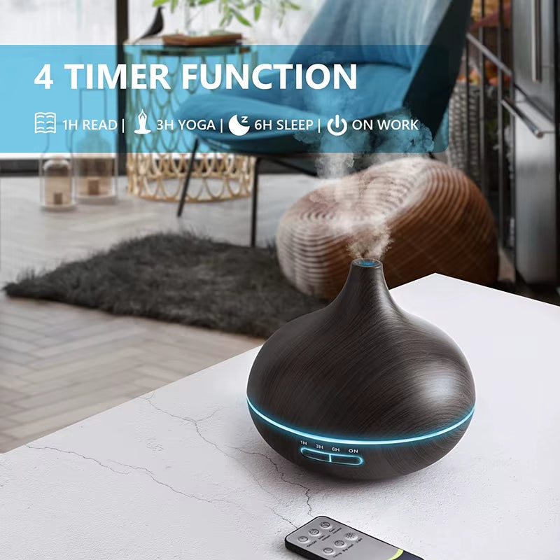 Elevate Your Space with the 550ml Wood Grain USB Aroma Diffuser - Enjoy 7 Color LED Lights & Remote Control for a Calming Atmosphere