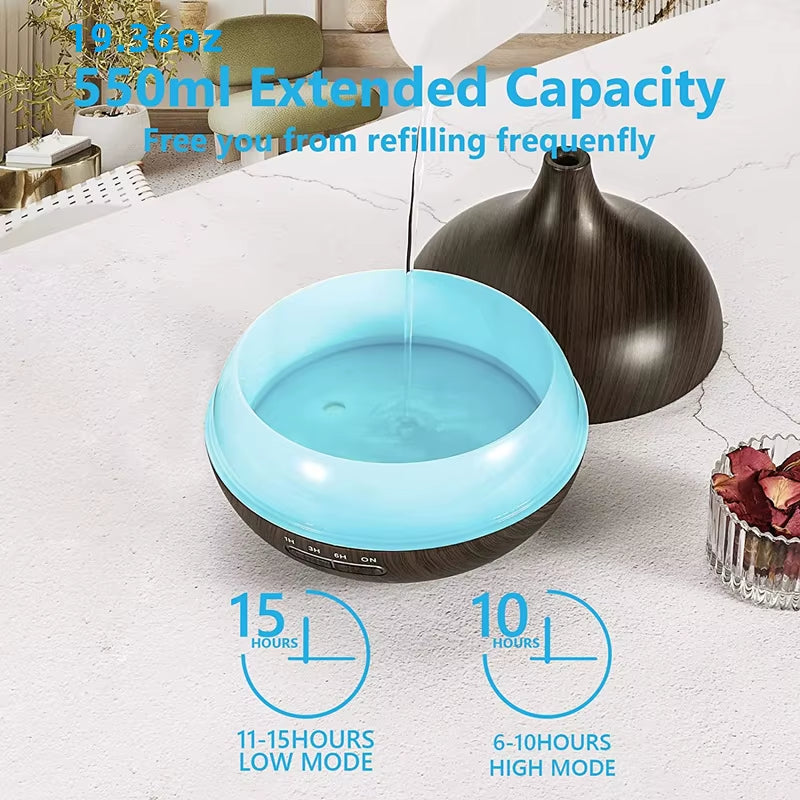 Elevate Your Space with the 550ml Wood Grain USB Aroma Diffuser - Enjoy 7 Color LED Lights & Remote Control for a Calming Atmosphere