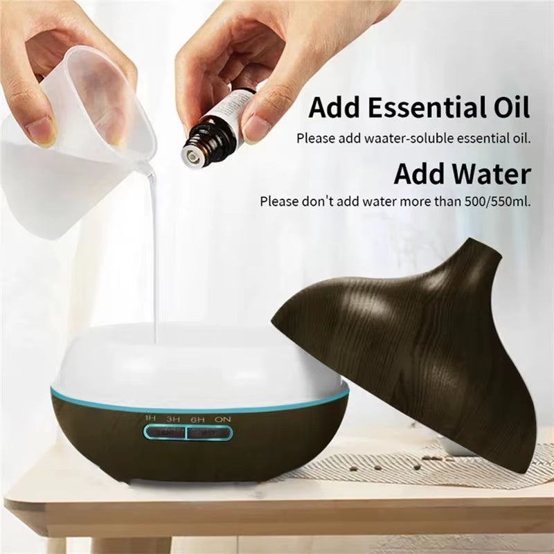 Elevate Your Space with the 550ml Wood Grain USB Aroma Diffuser - Enjoy 7 Color LED Lights & Remote Control for a Calming Atmosphere