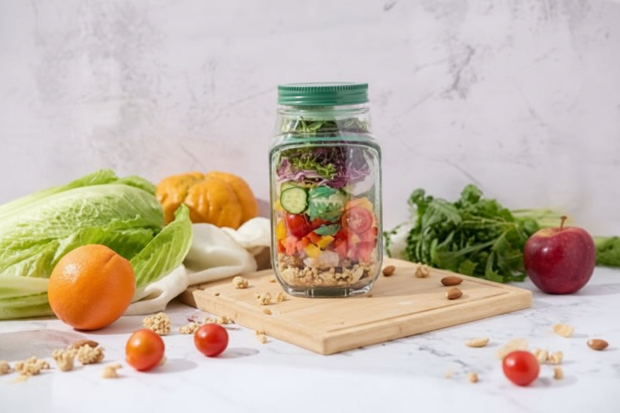 Revolutionary Leakproof Salad Mason Jar Set - Effortless Side Open Lid Meal Prep Containers with Fork - 2 Pack