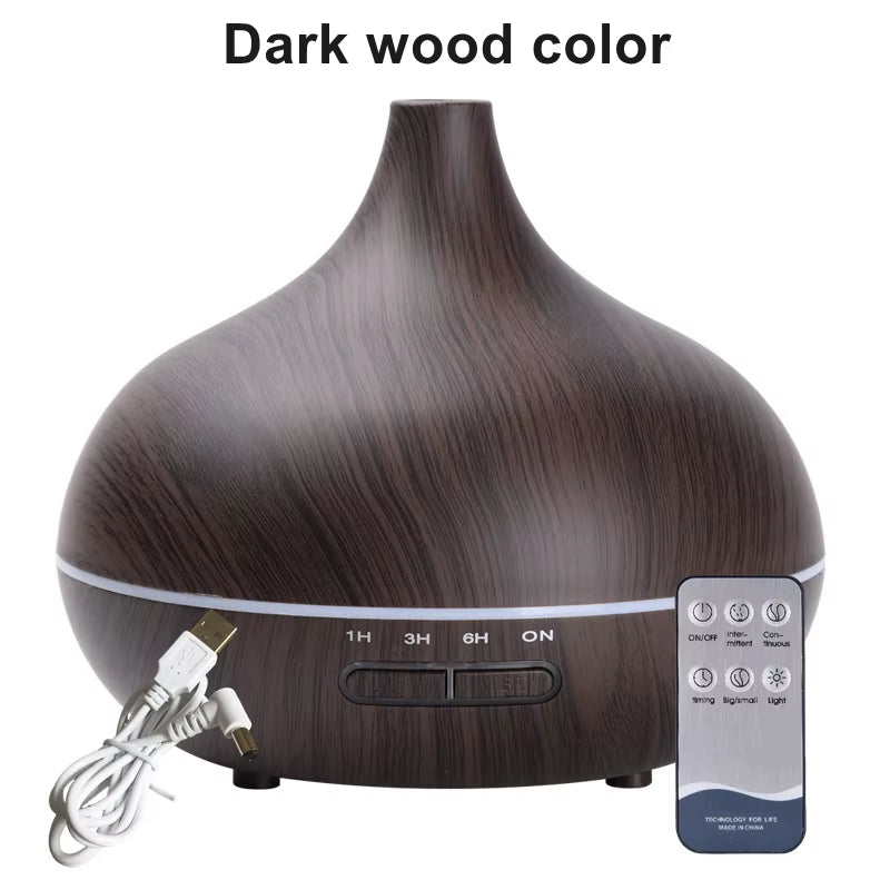 Elevate Your Space with the 550ml Wood Grain USB Aroma Diffuser - Enjoy 7 Color LED Lights & Remote Control for a Calming Atmosphere
