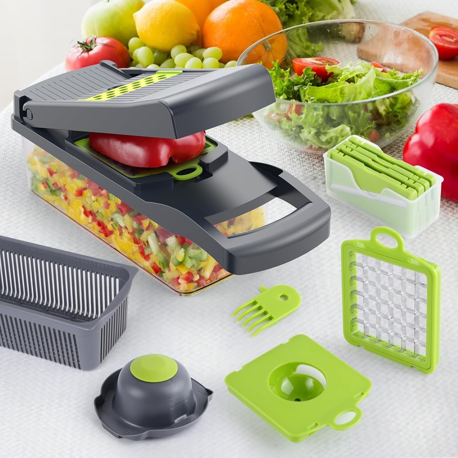Ultimate 12-in-1 Vegetable Chopper - Multifunctional Slicer and Dicer with 8 Stainless Steel Blades for Effortless Food Prep