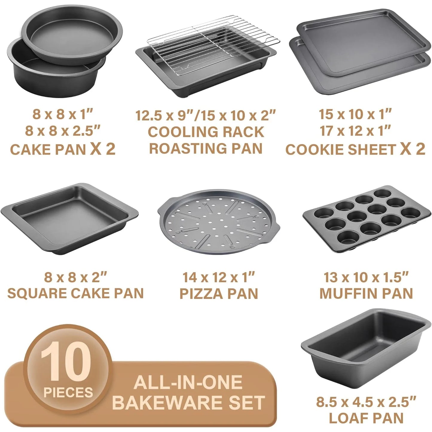 Ultimate 10-Piece Nonstick Bakeware Set - Perfect for Every Kitchen, Featuring Wider Grips and Versatile Pans for All Your Baking Needs in Classic Gray