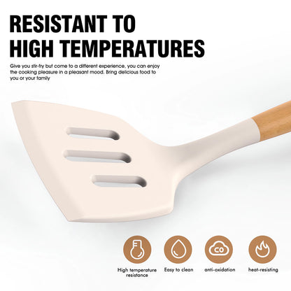 Ultimate 35-Piece Silicone Cooking Utensil Set - 446°F Heat Resistant Kitchen Tools with Wooden Handles, BPA-Free for Non-Stick Cookware (Khaki)