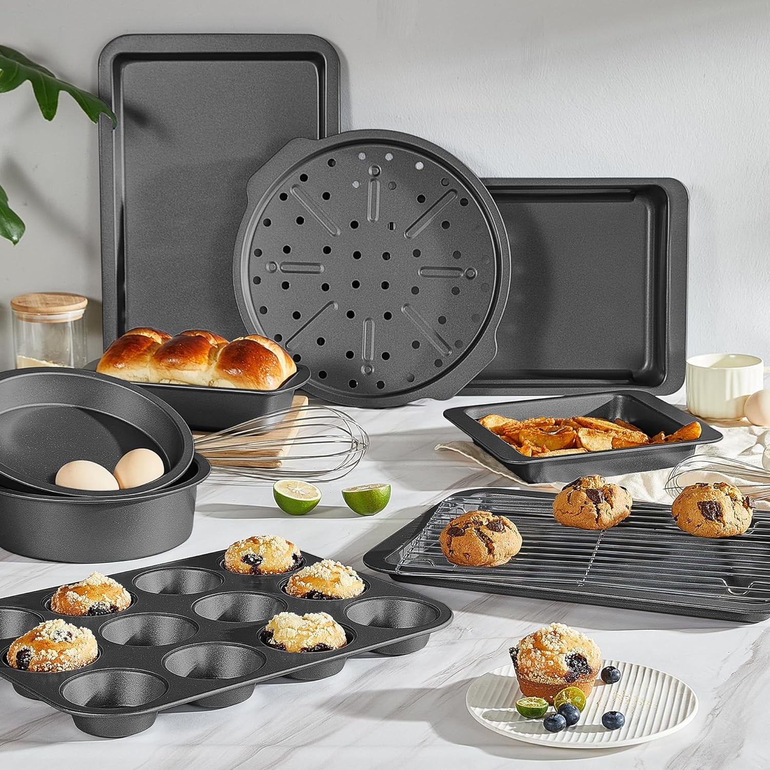 Ultimate 10-Piece Nonstick Bakeware Set - Perfect for Every Kitchen, Featuring Wider Grips and Versatile Pans for All Your Baking Needs in Classic Gray